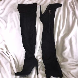 Knee High Black Velvet Over the Knee Boots